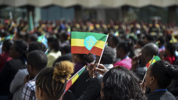 A member of the audience holds a national flag at a ceremony to remember those soldiers who died on the first day of the Tigray conflict, outside the city administration office in Addis Ababa, Ethiopia on Nov. 3, 2022.  - Sputnik Africa