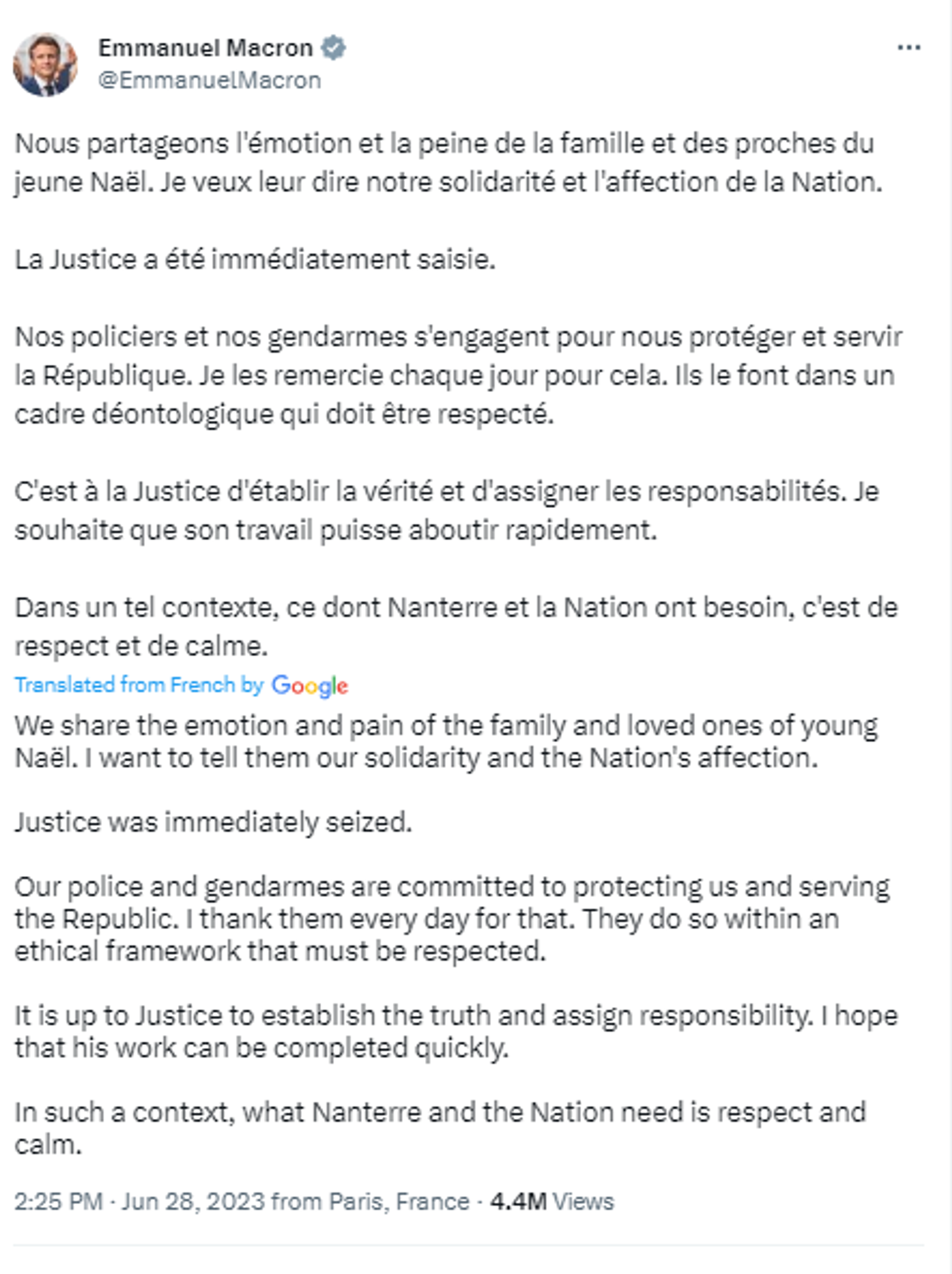 Screenshot of Twitter post by French President Emmanuel Macron. - Sputnik Africa, 1920, 30.06.2023