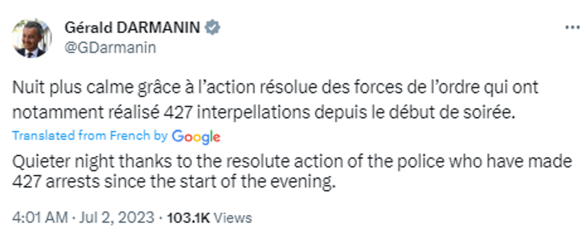Screengrab of Twitter post by Gérald Darmanin, Minister of the Interior of France. - Sputnik Africa, 1920, 02.07.2023