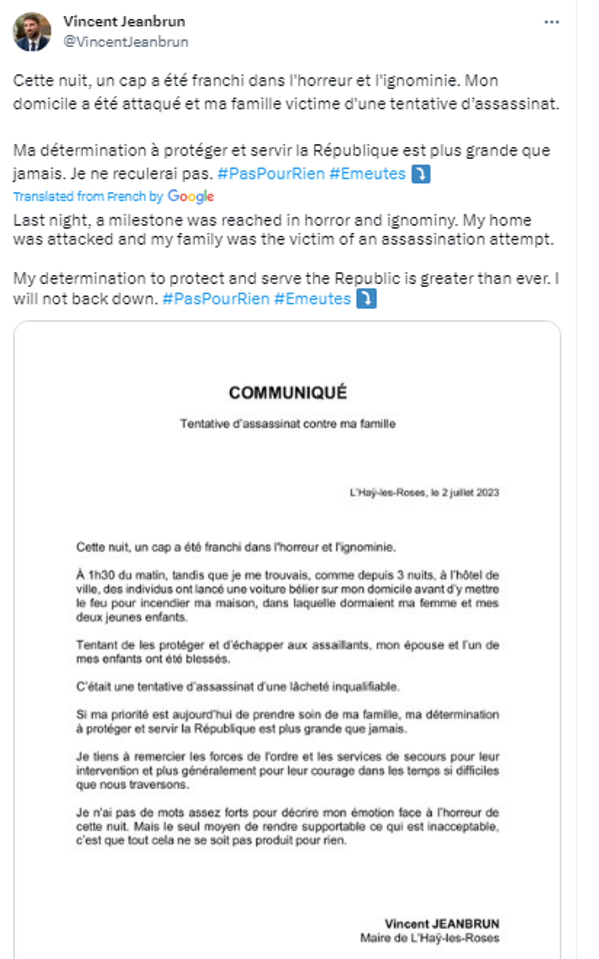 Screenshot of Twitter post by Vincent Jeanbrun, Mayor of L'Haÿ-les-Roses. - Sputnik Africa, 1920, 02.07.2023