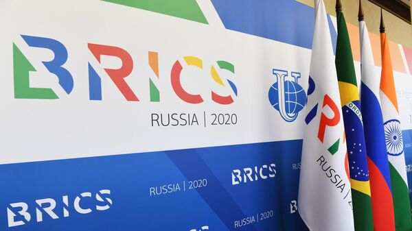 Stand with the BRICS logo.  - Sputnik Africa