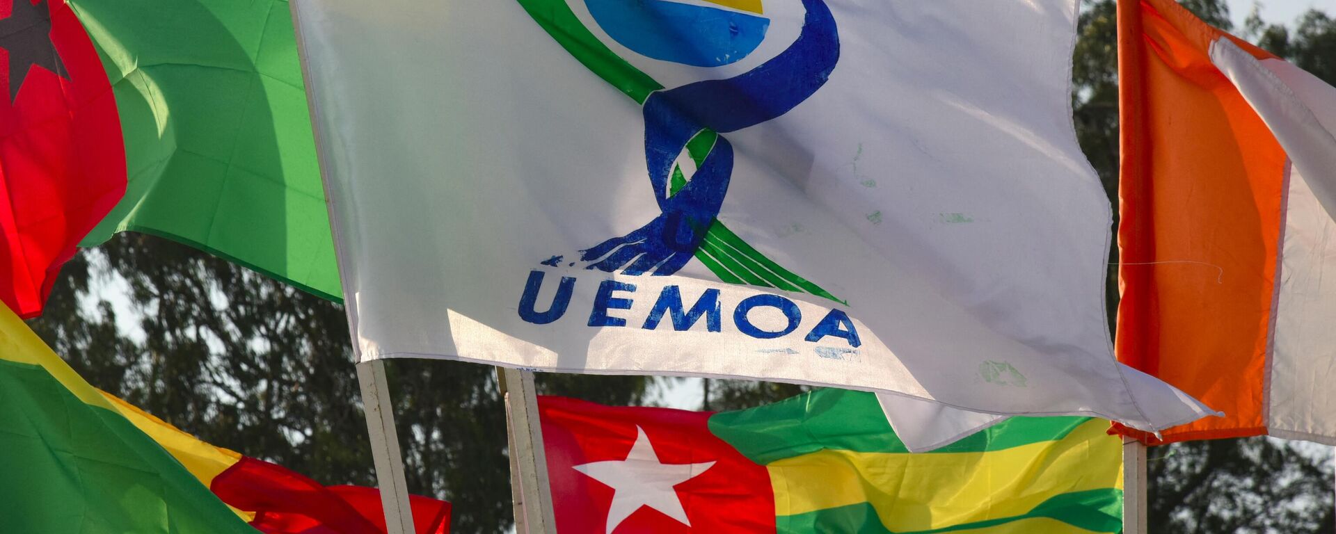 This picture taken on July 12, 2019 shows flags the West African Economic and Monetary Union (UEMOA) countries during the 21st ordinary session of heads of states of The West African Economic and Monetary Union (UEMOA) in Abidjan.  - Sputnik Africa, 1920, 10.07.2023