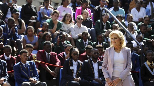 U.S. First lady Jill Biden, right, greets students while on a visit to the University of Science and Technology in Windhoek, Namibia Friday, Feb. 24, 2023.  - Sputnik Africa