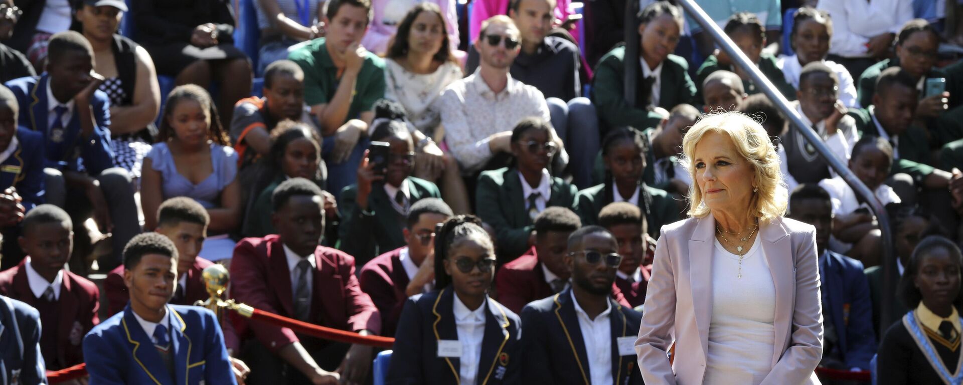 U.S. First lady Jill Biden, right, greets students while on a visit to the University of Science and Technology in Windhoek, Namibia Friday, Feb. 24, 2023.  - Sputnik Africa, 1920, 12.07.2023