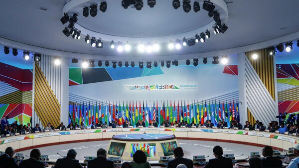 Russia's President Vladimir Putin (C) and African countries leaders attend the first plenary session as part of the 2019 Russia-Africa Summit at the Sirius Park of Science and Art in Sochi on October 24, 2019 - Sputnik Africa
