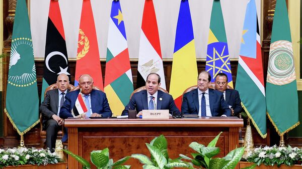In this photo provided by Egypt's presidency media office, Egyptian President Abdel-Fattah el-Sissi speaks during the summit on the Sudan conflict, at the Presidential Palace in Cairo, Egypt, Thursday, July 13, 2023. - Sputnik Africa