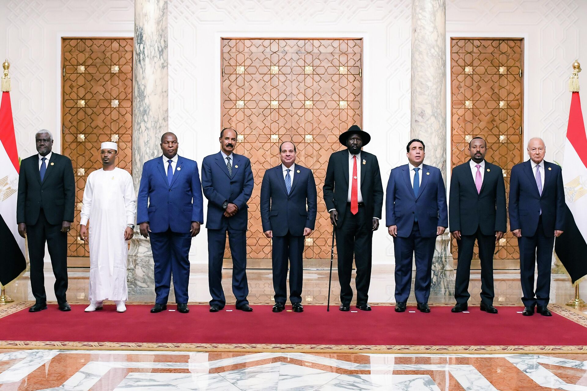 In this photo provided by Egypt's presidency media office, From right to left, Secretary-General of the Arab League Ahmed Aboul Gheit, Prime Minister of Ethiopia, Abiy Ahmed, President of the Libyan Presidential Council Mohamed Al-Menfi, South Sudan's President Salva Kiir, Egyptian President Abdel-Fattah el-Sissi, Eritrean President Isaias Afevorki, President of Central African Republic Faustin-Archange Touadera, President of Chad Idriss Deby and Moussa Faki Mahamat Chairperson of African Union pose for a group picture at the Presidential Palace in Cairo, Egypt, Thursday, July 13, 2023.  - Sputnik Africa, 1920, 13.07.2023