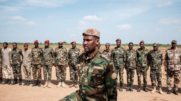 The 66th division of the 8th brigade of the Somali National Army stand at attention to greet Major Mohamed Nor Madhere at Baidoa airport in Baidoa, Somalia, on November 9, 2022.  - Sputnik Africa