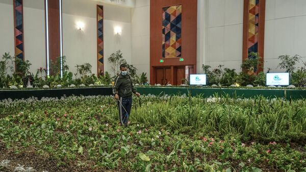 A man waters to plants before the launch of the green legacy initiative, the nationwide environmental campaign to plant billions of trees, at a hall of Prime Minister’s office temporarily transformed into a green garden in Addis Ababa, Ethiopia, on May 18, 2021 - Sputnik Africa