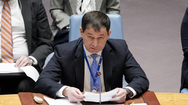 Dmitry Polyanskiy, First Deputy Permanent Representative of the Russian Federation to the United Nations, speaks during a Security Council meeting on the maintenance of peace and security of Ukraine, Monday, Feb. 6, 2023, at United Nations headquarters - Sputnik Africa