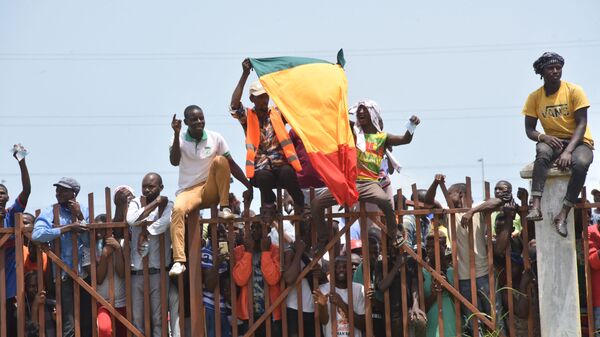 People hold up the Guinea national flag during celebrations as the Guinean Special Forces arrive at the Palace of the People in Conakry on September 6, 2021, ahead of a meeting with the Ministers of the ex-President of Guinea Alpha Conde.  - Sputnik Africa