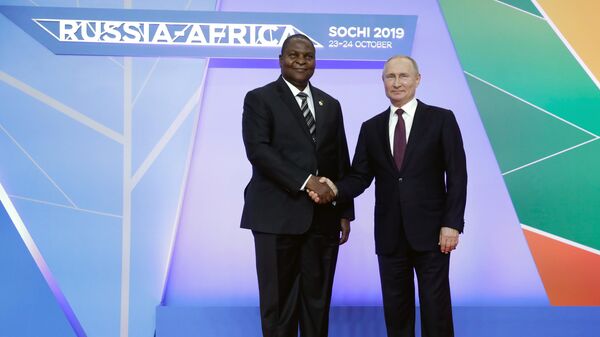 Russian President Vladimir Putin at the official meeting of the heads of state and governments of the countries participating in the Russia-Africa Summit with President of the Central African Republic Faustin-Archange Touadère on October 23, 2019.  - Sputnik Africa