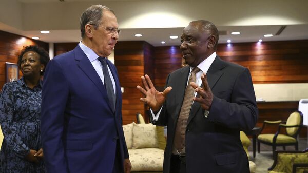 In this handout photo released by Russian Foreign Ministry Press Service, South African President Cyril Ramaphosa, right, gestures as he talks with Russian Foreign Minister Sergey Lavrov during their meeting in Pretoria, South Africa, Monday, Jan. 23, 2023. - Sputnik Africa