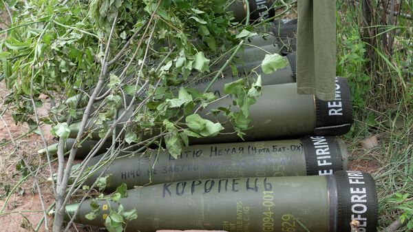 US-supplied M777 howitzer shells lie on the ground to fire at Russian positions in Donbass region on June 18, 2022.  - Sputnik Africa