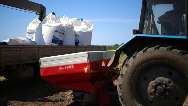 Farmers apply fertilizer to the soil before planting rice in Krasnodar, Russia. - Sputnik Africa