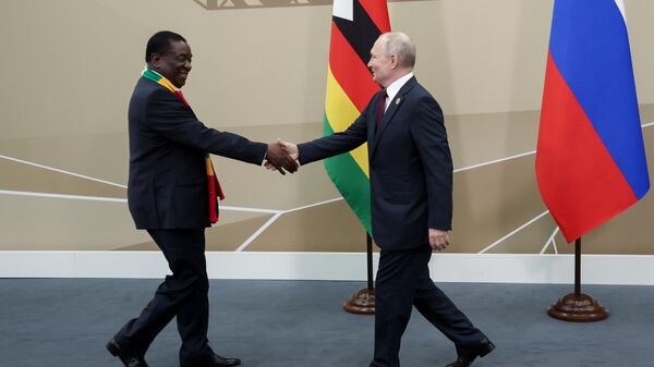Le Président russe Vladimir Poutine et le président de la République du Zimbabwe Emmerson Mnangagwa lors d'une réunion en marge du 2e sommet et forum Russie-Afrique à Saint-Pétersbourg. - Sputnik Afrique