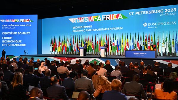Russian President Vladimir Putin and President of Comoros Azali Assoumani attend a joint statement of the 2nd Russia-Africa Summit at the ExpoForum Congress and Exhibition Center in St. Petersburg, Russia, on July 28, 2023. - Sputnik Africa