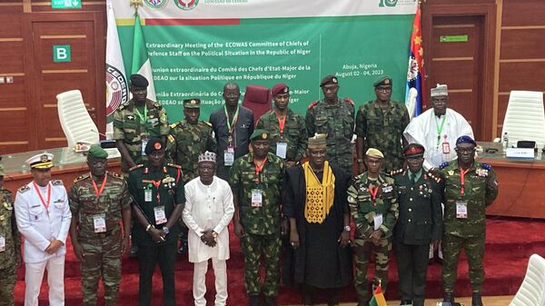 The defense chiefs from the Economic Community of West African States (ECOWAS) countries excluding Mali, Burkina Faso, Chad, Guinea and Niger pose for a group photo during their extraordinary meeting in Abuja, Nigeria, Friday, Aug. 4, 2023, to discuss the situation in Niger.  - Sputnik Africa