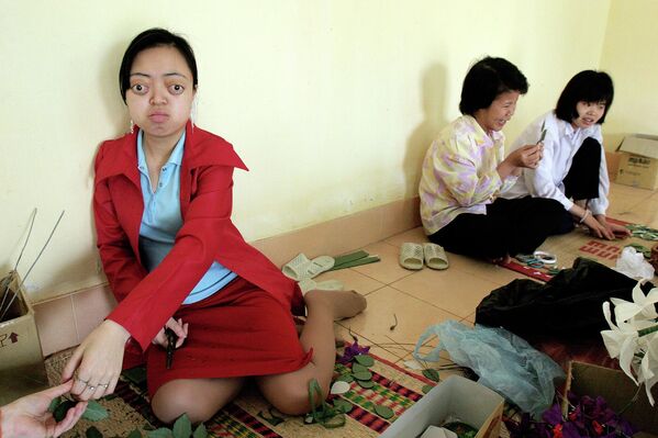Nguyen Thi Van Long, 19, left, from Nam Dinh province makes paper flowers with her classmates at the Vietnam Friendship Village for children and veterans believed to be suffering from the effects of Agent Orange on the outskirts of Hanoi, Vietnam, Friday, March 11, 2005.  - Sputnik Africa
