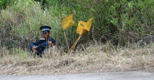 A Vietnamese Airforce soldier sits guarding the entrance to a dioxin-contaminated area at Danang airport, a former US airbase, where a ground-breaking ceremony of the joint US-Vietnam Dioxin Cleaning Project was held on August 9, 2012.  - Sputnik Africa
