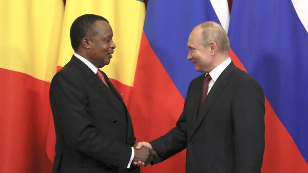 Russian President Vladimir Putin, right, shakes hands with President of Congo-Brazzaville Denis Sassou Nguesso during a signing ceremony following their talks in the Kremlin in Moscow, Russia, Thursday, May 23, 2019  - Sputnik Africa