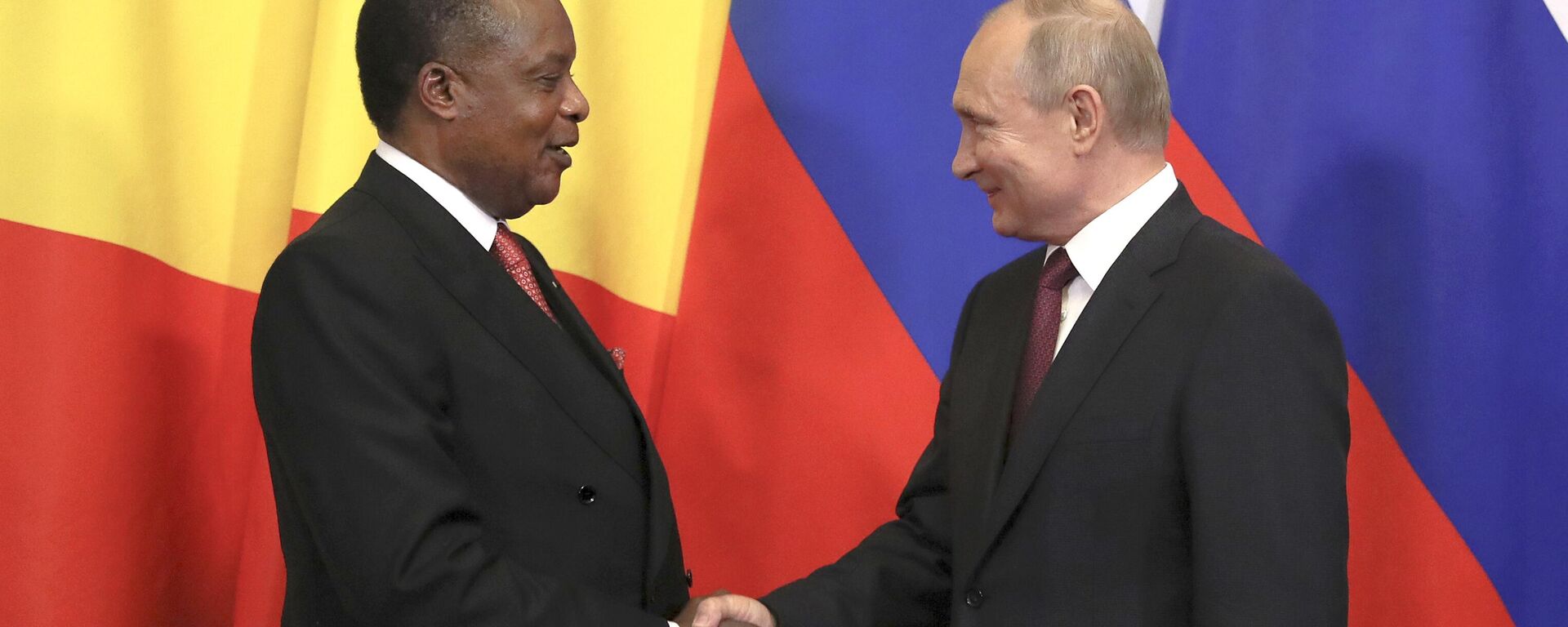 Russian President Vladimir Putin, right, shakes hands with President of Congo-Brazzaville Denis Sassou Nguesso during a signing ceremony following their talks in the Kremlin in Moscow, Russia, Thursday, May 23, 2019  - Sputnik Africa, 1920, 09.08.2023