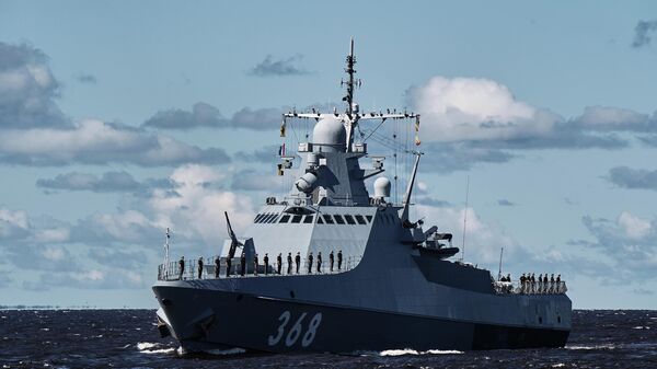 Patrol ship Vasily Bykov at the rehearsal of the parade in honor of Russian Navy Day in Kronstadt. - Sputnik Africa