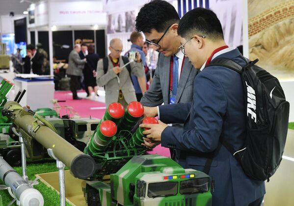 Models of military equipment and weapons at the stand of the Chinese Ministry of Defense at the exhibition within the framework of the International Military-Technical Forum ARMY-2023. - Sputnik Africa