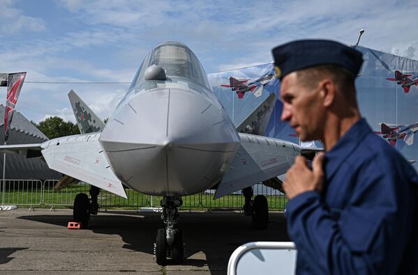 The Su-57 fifth-generation multirole fighter at the Army-2023 International Military-Technical Forum in Kubinka outside Moscow. - Sputnik Africa
