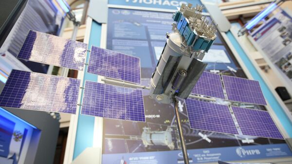A GLONASS [Global Navigation Satellite System] satellite mock-up on display at the exhibition Space -- Elections -- Telecommunications - Sputnik Africa
