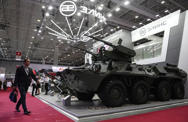 The new ZAK-23E anti-aircraft artillery system based on the BTR-82A armored personnel carrier armed with a module with two 2A7M 23-mm anti-aircraft guns at the exhibition as part of the Army-2023 International Military-Technical Forum at the Patriot Congress and Exhibition Center. - Sputnik Africa