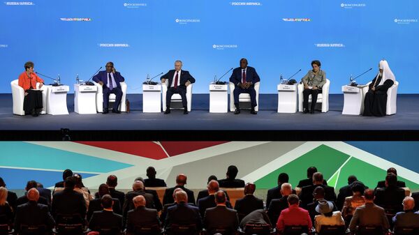 From left: Director of the Institute for African Studies at the Russian Academy of Sciences Irina Abramova, African Union Chairman, President of the Union of the Comoros Azali Assoumani, Russian President Vladimir Putin, Chairman of the Board of Directors at African Export-Import Bank (Afreximbank) Benedict Okey Oramah, New Development Bank President Dilma Rousseff and head of the Russian Orthodox Church Patriarch Kirill attend a plenary session of the Russia-Africa Summit and Economic and Humanitarian Forum in St. Petersburg, Russia, Thursday, July 27, 2023.  - Sputnik Africa