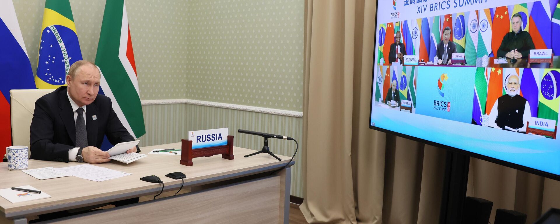 Russian President Vladimir Putin takes part in the XIV BRICS summit in virtual format via a video call, in Moscow region, Russia, on June 23, 2022. - Sputnik Africa, 1920, 16.08.2023