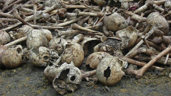 file photo of  bones and skulls are seen in Kpolokpai, Liberia. The remains of hundreds of people killed 15 years ago near a Liberian village are being reburied in a mass grave with a ceremony marking the massacre.  Kpolokpai massacre, one of many chapters in Liberia's civil war that killed an estimated 250,000 people between 1989 and 2003 - Sputnik Africa