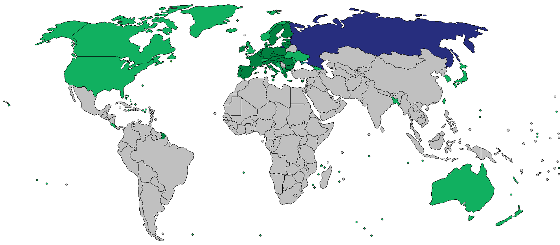 Map showing countries which have slapped sanctions on Russia (in green) after the escalation of the Donbass crisis into a full-blown NATO-Russia proxy war in Ukraine. The image shows that the vast majority of nations in the so-called Global South refrained from introducing restrictions on Moscow. - Sputnik Africa, 1920, 18.08.2023