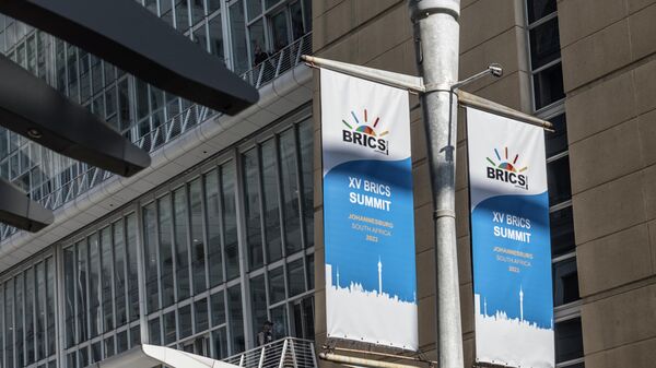 Banners advertising the 2023 BRICS Summit  - Sputnik Africa