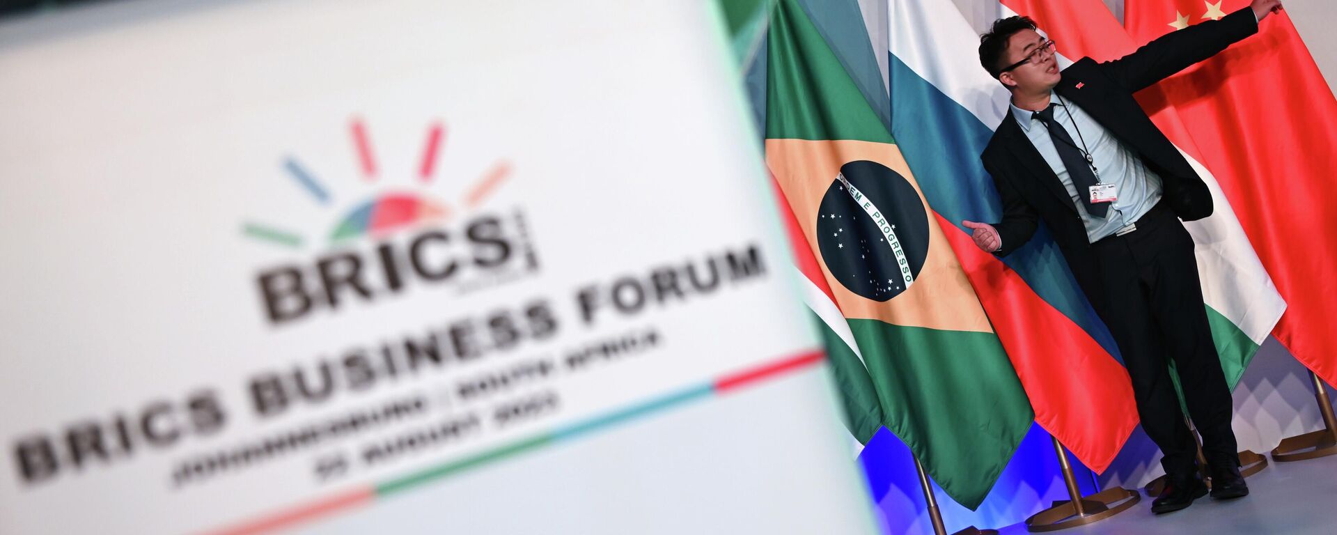 A participant poses for a photo in front of flags of the BRICS member countries during the 15th BRICS Summit in Johannesburg, South Africa, on Tuesday, August 22, 2023. - Sputnik Africa, 1920, 24.08.2023
