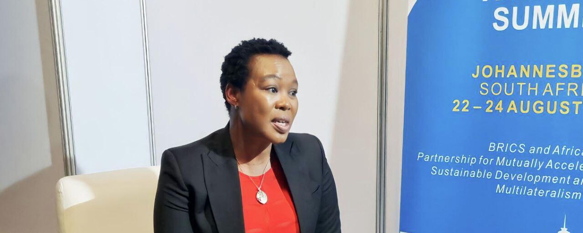 Stella Ndabeni-Abrahams, South Africa's Minister of Small Business Development, speaks during an interview with Sputnik Africa on the sidelines of the 15 BRICS Summit in Johannesburg, South Africa, on Tuesday, August 22, 2023. - Sputnik Africa, 1920, 22.08.2023