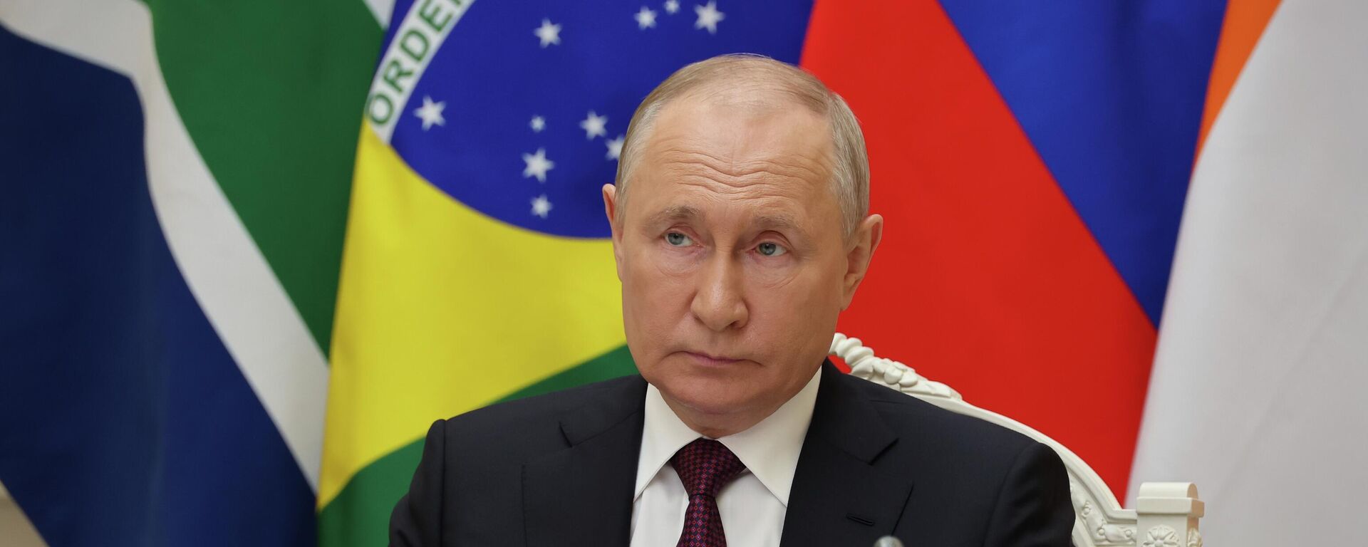 Russian President Vladimir Putin participates via videoconference in the final press conference after the joint meeting of the BRICS leaders with the heads of state and government of the invited countries and multilateral organizations, August 24, 2023 - Sputnik Africa, 1920, 24.08.2023