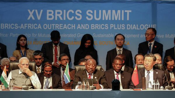 Prime Minister of India Narendra Modi, South African President Cyril Ramaphosa, Deputy President of South Africa Paul Mashatile and President of China Xi Jinping attend a meeting during the 2023 BRICS Summit in Johannesburg on August 24, 2023. - Sputnik Africa