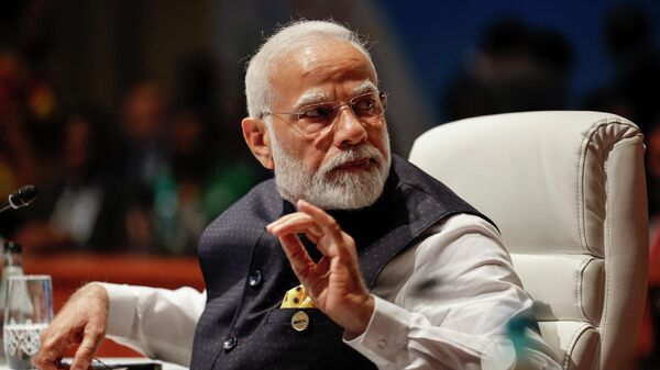Prime Minister of India Narendra Modi gestures at the plenary session during the 2023 BRICS Summit at the Sandton Convention Centre in Johannesburg on August 23, 2023 - Sputnik Africa