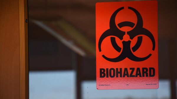 A warning sign on the door of the Richard Lugar Laboratory in Georgia. The laboratory is suspected of developing biological weapons. - Sputnik Africa