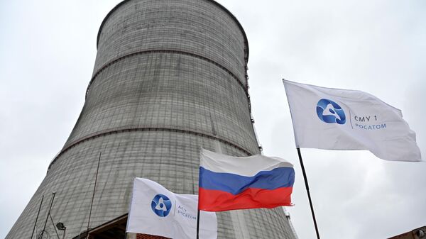 A Russian national flag and flags with the logo of Rosatom flutters at the construction site of a cooling tower at the Kursk II nuclear power plant near the village of Makarovka outside Kurchatov, Kursk region - Sputnik Africa