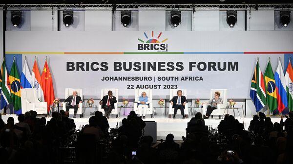 Brazilian President Luiz Inacio Lula da Silva, South African President Cyril Ramaphosa, Indian Prime Minister Narendra Modi, Chinese Minister of Commerce Wang Wentao and President of the New BRICS Development Bank Dilma Vana Rousseff attend the 15th BRICS Summit in Johannesburg, South Africa, on August 22, 2023. - Sputnik Africa