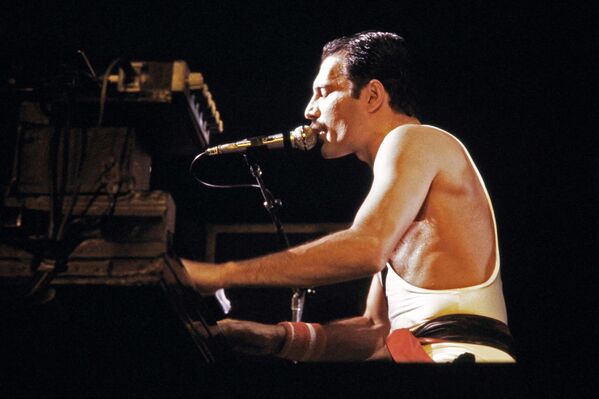 A file picture taken on September 18, 1984 showing Rock star Freddie Mercury, lead singer of the rock group &quot;Queen&quot;, during a concert at the Palais Omnisports de Paris Bercy (POPB).  - Sputnik Africa