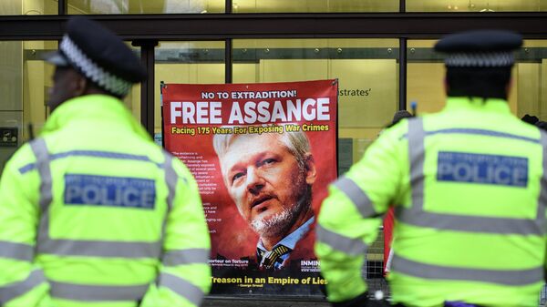 A police officer stands in front of the banner with a photo of Julian Assange near the Westminster Magistrates' Court in London - Sputnik Africa