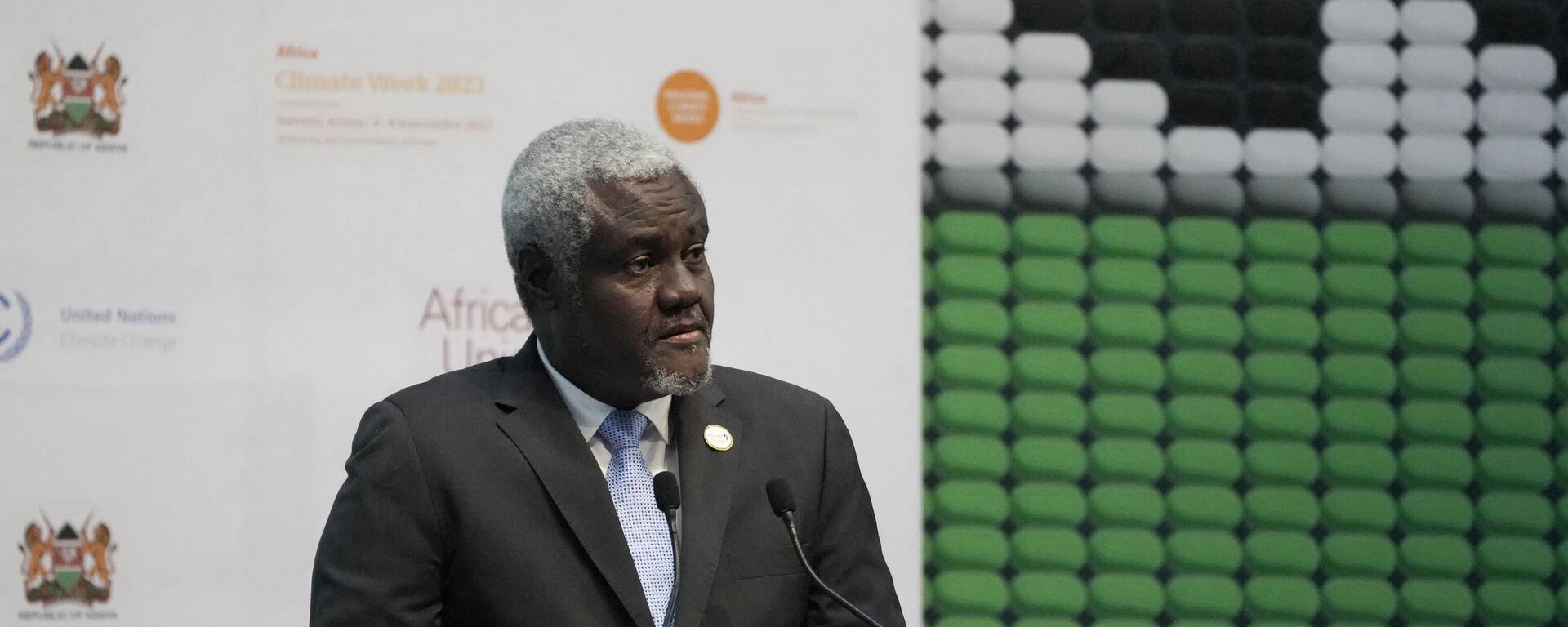 African Union chairperson Moussa Faki Mahamat, addresses delegates during the closing session of the Africa Climate Summit at the Kenyatta International Convention Centre in Nairobi, Kenya, Wednesday, Sept. 6, 2023.  - Sputnik Africa, 1920, 22.05.2024