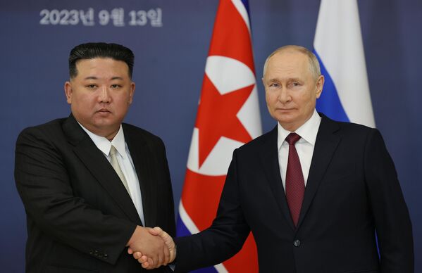 Putin and North Korean leader Kim Jong Un during the meeting at the Vostochny Spaceport. - Sputnik Africa