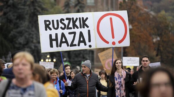 A man holds a banner reading ’Russians go home’ during a protest of teachers, students against the government's education policy and for better working conditions on October 23, 2022, in Budapest, Hungary. - Sputnik Africa