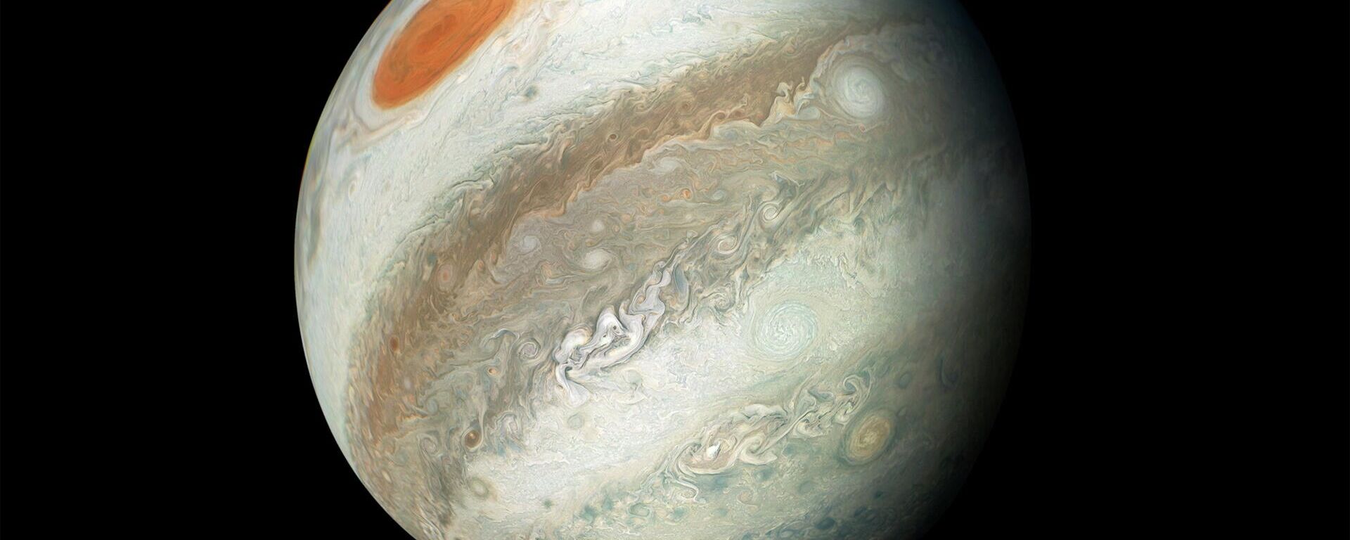 The view shows Jupiter including its Great red Spot captured by NASA's Juno spacecraft on the outbound leg of its 12th close flyby of the gas giant planet, April 1, 2018. - Sputnik Africa, 1920, 25.09.2023